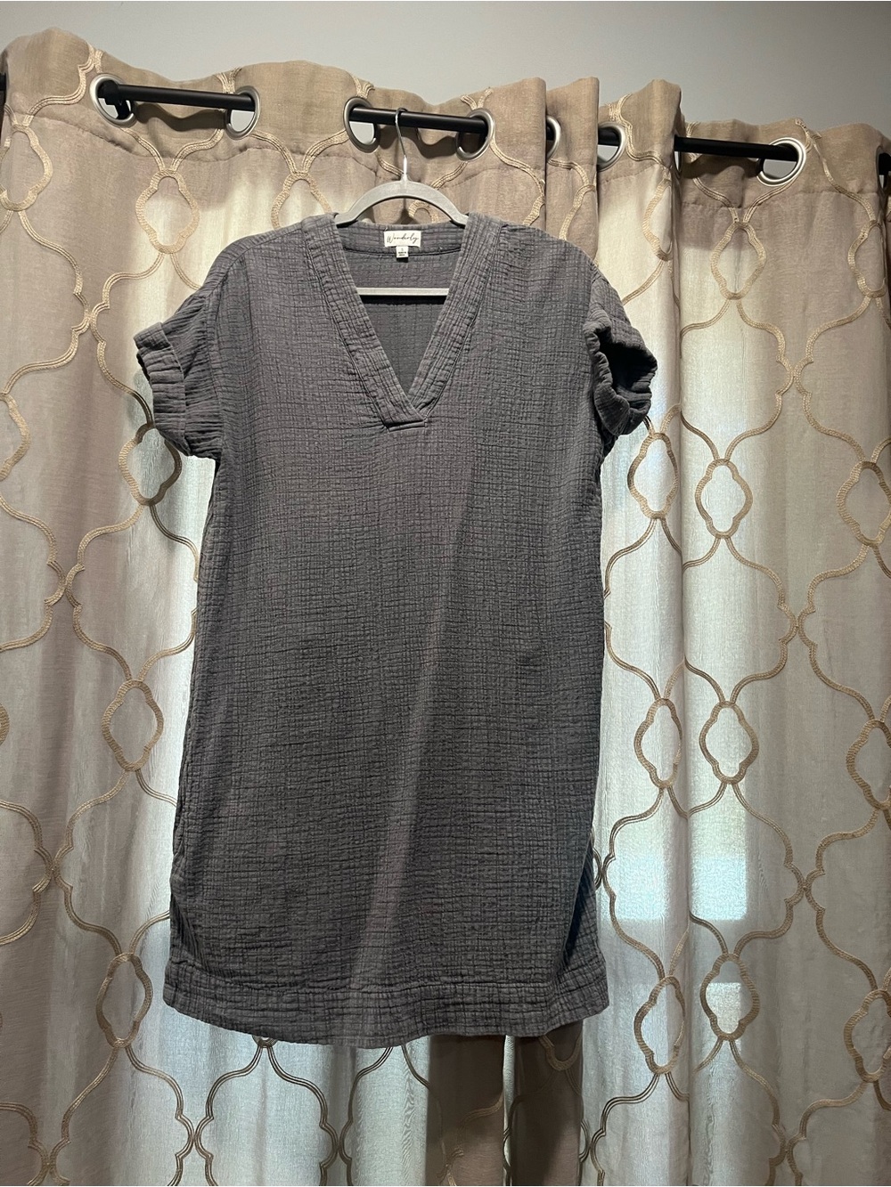 Wonderly Charcoal V-Neck Gauze Tunic Dress